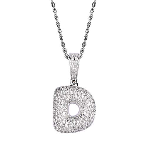 HECHUANG Micropave Simulated Diamond Iced Out Bling Custom Bubble Letters Pendant with Rope Chain (D Silver, 24)