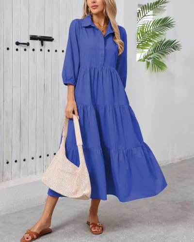 Image of Women Button Down Maxi Shirt Dress Long Sleeve Flowy Tiered Collared Dresses with Pockets