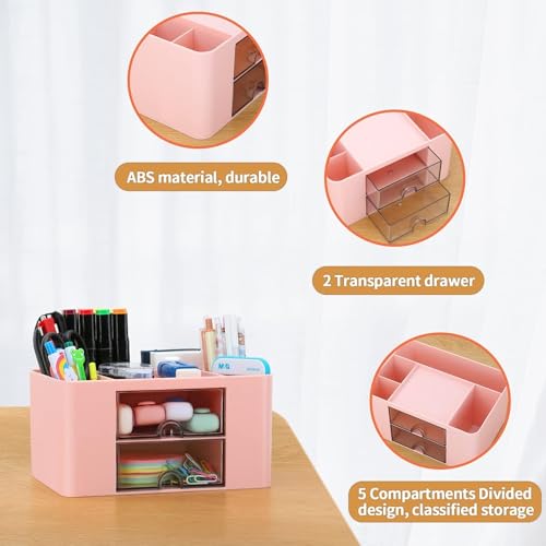 KAHEIGN Desk Organiser with 2 Drawers, 19CM x 14CM Multi-Functional Desk Tidy Organiser Large Capacity Pen Holder Makeup Organizer for Kids Teacher Gift Office School Home Table Decor (Pink) - Cosy Home Interiors KAHEIGN Desk Organiser with 2 Drawers, 19CM x 14CM Multi-Functional Desk Tidy Organiser Large Capacity Pen Holder Makeup Organizer for Kids Teacher Gift Office School Home Table Decor (Pink) - Image 2