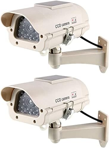 XYWHPGV Fake Security Camera Solar Powered Dummy CCTV Surveillance System with Blinking Red LED Warning Light, Sticker for Home Outdoor Indoor White 2pcs(6fcb4 547bd dd290 27232 bd247 f2a80