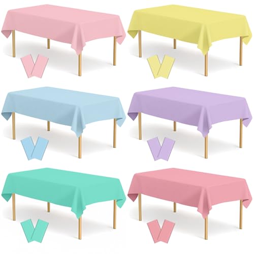 12 Pack Pastel Color Tablecloths Assorted Color Table Cloth Rectangle Disposable Plastic Table Covers for Parties Baby Shower Wedding Birthday Spring Easter Summer Party, Blush Pink Blue Yellow Purple