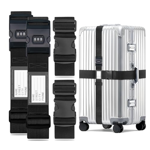 WISYOK Koffergurt mit Zahlenschloss 4 Stück Kofferband Gurt Schwarz Erweiterte Koffergurte Maximal 200cm+250cm Sicher Kofferbänder Robuster Koffer Gurtband Luggage Strap für Reisen und Flugreise