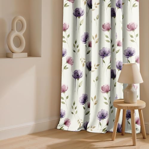 Image of Ultimate Trends Room Darkening Digital Printed Floral Geomatrical Prints Curtain 65-70% Opacity,Diamond Eyelets, Tie Back, Floral Geomatrical, 6 FEET Pack of 2,White with Purple