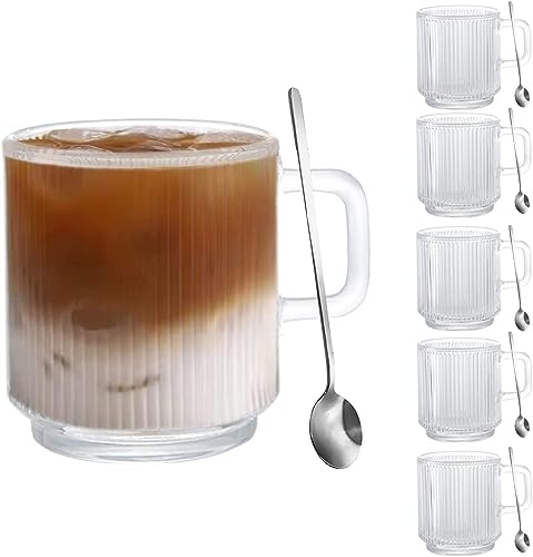Image of 385 ML Glass Coffee Mug Set, with Convenient Handle, Tea Glasses for Hot /Cold Beverages, Thermal Shock Resistant, Tempered Glass, Mugs for Cappuccino Pack of 6 (PN - 03, 6 Count (Pack of 1))