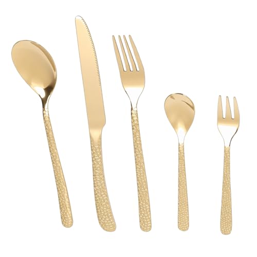Cocoarm Juego de Cubertería Martillada, Juego de Cubiertos de Acero Inoxidable para 4 Personas con Acabado Pulido Espejo, Apto para Lavavajillas para Cocina, Fiesta, Boda y Restaurante (GOLD)