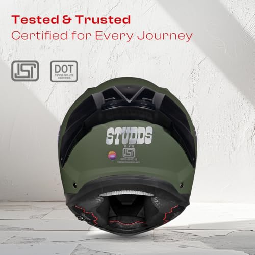 Image of STUDDS Helios ISI and DOT Certified Full Face Helmet with Antifog 100 Lens, Sporty Spoiler (Military Green - L)