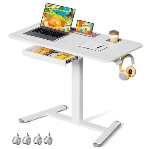 Image of Mobile Standing Desk with Drawer, 40 inch Small Standing Desk with Cup Holder, Rolling Laptop Workstaion on Wheels, Height Adjustable Table with Storage for Home Office, White