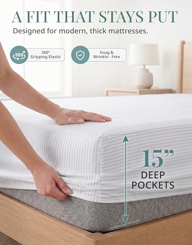 Image of LANE LINEN 100% Cotton Sheets Queen Size - 450 Thread Count Ultra Soft Sheet Set, Durable Bedding for Daily Use, Luxury Sateen Finish, Snug Fit 15 inch Deep Pocket Fitted Sheet - Tickling Stripe