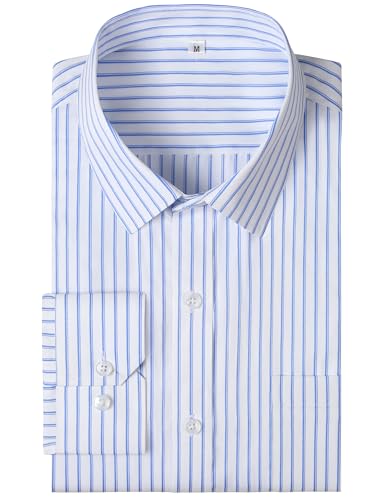 GIANZEN Blue and White Striped Long Sleeve Button Down Mens Dress Shirts Button Up Business Casual Striped Shirt with Pocket Non Iron Wrinkle Free Regular Fit Shirt Size XS