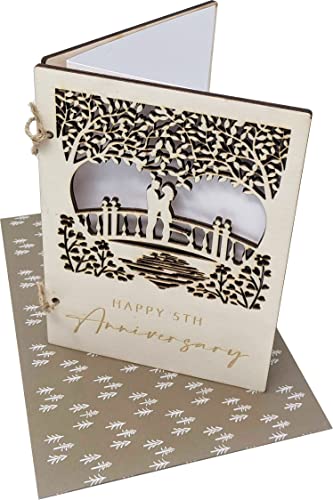 5th Wooden Wedding Anniversary Card with Loving Couple on a Bridge Detailed Carving 5 fifth Gift (5 Year Anniversary)