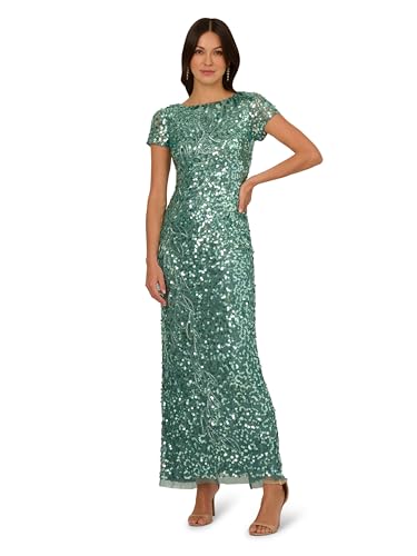Image of Adrianna Papell Women's Beaded Mesh Long Dress, Green Slate, 16