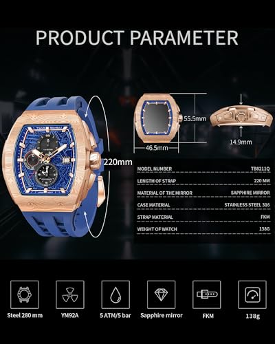 Image of Tsar Bomba Mens Watches Quartz Wristwatch for Men Waterproof 50M Analog Luxury Tonneau Chronograph Calendar Date Men's Dress Business Work Watch Gift for Men