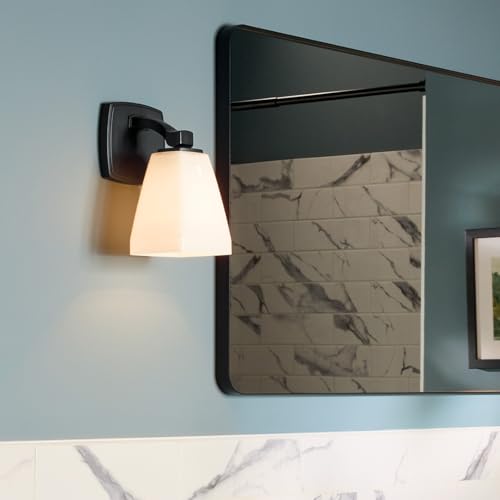 Image of Kichler Marant 5 inch 1-Light Wall Sconce Bathroom Vanity Light Fixture with Opal Glass in Black for Bathroom, Powder Room, Hallway, Fireplace (5 inch W x 9.5 inch H), 55214BK