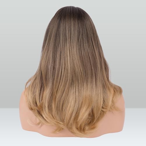 Image of FESHFEN Brown Ombre Blonde Wigs with Bangs, Synthetic Natural Looking Long Layered Straight Hair Wig for Women Daily Party Use, 18 inch