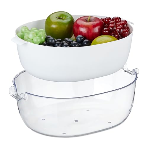 Relaxdays tazón Colador con Bol Ovalado, Plástico, para Lavar Frutas y Verduras, Escurridor Pasta, Asas, Transparente y Blanco, 11,5 x 33 x 25 cm