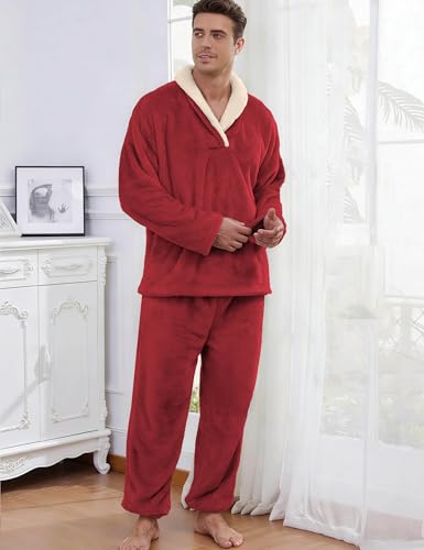 Image of Mens Fluffy Coral Fleece Pajamas Set Pullover Pants Loose Plush Warm Loungewear Sleepwear