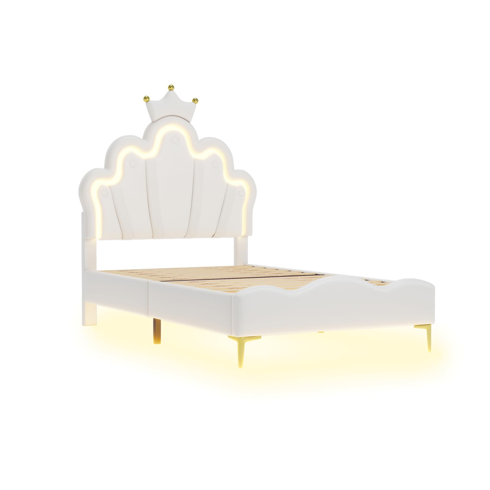 Lettino imbottito per bambini, 90 x 200 cm, con testa a LED e testiera regolabile, a forma di corona, letto singolo, per ragazzi, con rete a doghe (bianco D, 90 x 200 cm)