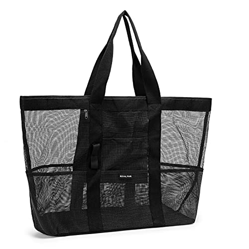 ROYALFAIR Extragroße Mesh Strandtasche, Sandspielzeug Wasserspielzeug Aufbewahrungstasche, Beach Bag Tote Faltbare Weiche Einkaufstaschen Turnbeutel 41 x 38 x 22 cm (Schwarz) Cover