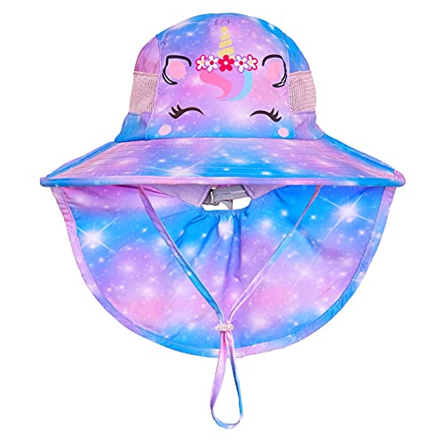 Kids Sun Hat Uv Protection Unicorn Summer Beach Play Hats Wide Brim Neck Flap For Girls 2-9 Years, Blue Purple #TOP6
