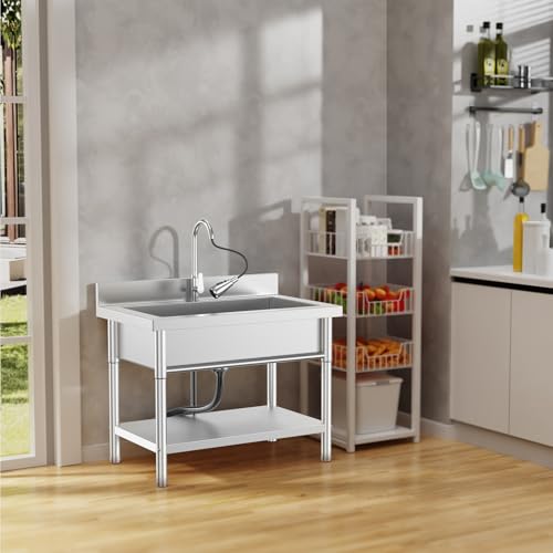 Image of 39Inch Stainless Steel Utility Sink Single Bowl Freestanding Laundry Sink with Pull-Out Faucet,for Laundry Room Farmhouse Indoor and Outdoor Sink Pet Cleaning