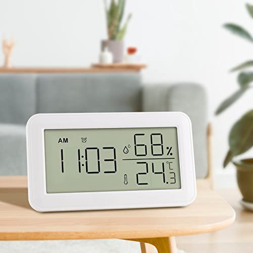 Thermometer Hygrometer Innen mit Wecker, LCD Digital Thermometer, Hygrometer Feuchtigkeit, Raumthermometer Temperatur luftfeuchtigkeitsmesser für Babyzimmer Wohnzimmer Weinkellern (Weiß) Cover