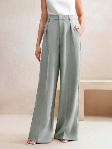 Image of KOTTY Women's High Waist Wide Leg Trousers | Solid Relaxed Fit Pants for Office, Casual Soft Flowing Polyester Blend Pants for Women