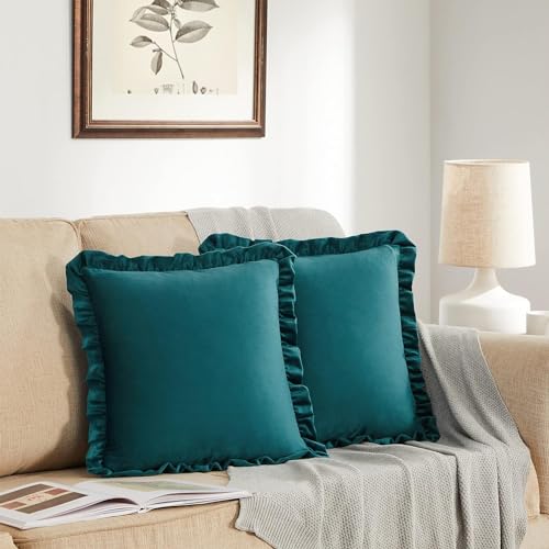 Image of Velvet Dark Teal 22x22 Pillow Covers, Set of 2 Decorative Ruffle Cushoin Pillow Covers for Sofa Couch
