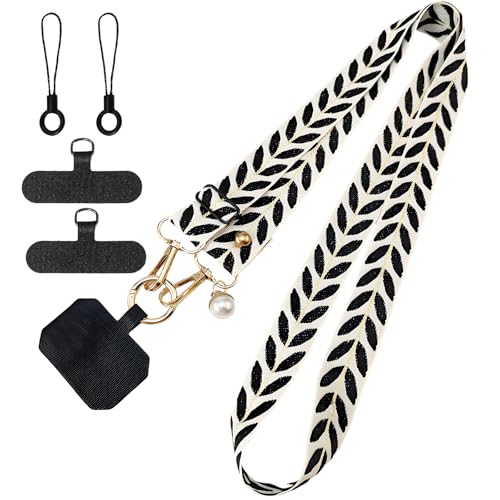 VEGCOO Feuilles et Perles Cordon Téléphone Portable Universelle, Transversale Lanière pour Téléphone, Tour de Cou Téléphone Universelle Cordon Collier...