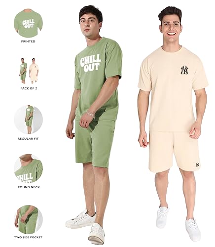 Image of Zombom Combo of Men's Night Suit | Men's Co-ord Set | Lounge-wear Nightdress Pajama Set | Summer Night Wear | Solid Plain Casual Pajama Shorts Set | Beach Wear Pack of 2