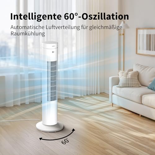 aeco AirX SPIN Turmventilator mit Fernbedienung, 76 cm Höhe, 60° oszillierender Ventilator mit Timerfunktion (7H), 3 Geschwindigkeiten, Power-Off-Funktion, leise für Schlafzimmer und Büro, Weiß 5