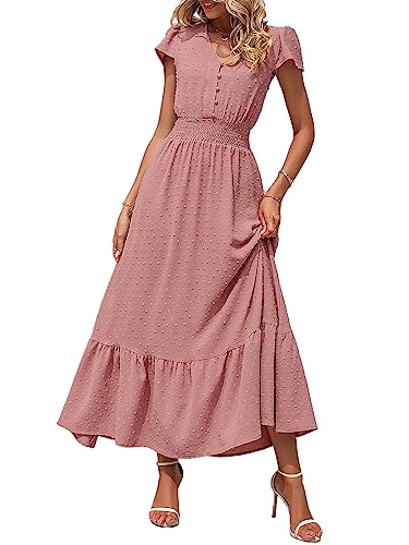 Image of PRETTYGARDEN Womens Dresses 2026 Summer Maxi Dress Boho Short Sleeve V Neck Swiss Dot Ruffle Tiered Smocked Flowy Long Dress