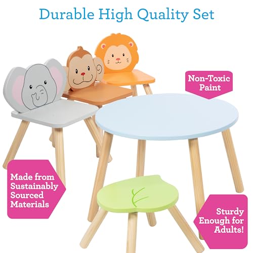 Kids-Wooden-Animal-Table-Chair-Set-w-4-Seats-Monkey-Lion-Elephant-Plus-Adult-Stool-for-Arts-Crafts-Dining-Pretend-Play-Durable-Playroom-Furniture-for-Home-Daycare-Classroom-Toddler-Gift Kids Wooden Animal Table Chair Set w 4 Seats Monkey Lion Elephant Plus Adult Stool for Arts Crafts Dining Pretend Play Durable Playroom Furniture for Home Daycare Classroom Toddler Gift