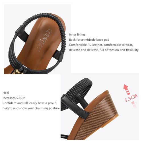 Wedge Sandals for Women Dressy, Summer Boho Open Peep Toe Elastic Ankle Strap Rhinestones Beaded Sandals Mid Wedge Heel, Comfortable Breathable Beach Shoe, for walk, office, beach2