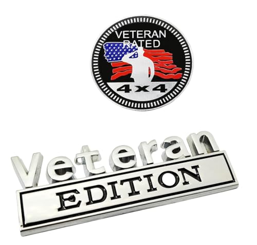 Image of Pair Set Veteran Edition Rated 4x4 Emblem Metal Badge Nameplate Sticker Replacement for Universal Vehicle, Truck, SUV,Motorcycle, Rear Trunk Decals (Silver Black)