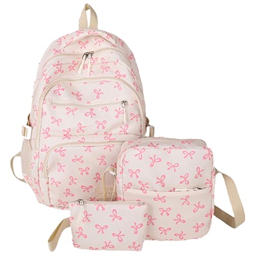 3PCS Bow Backpack for Girls, Cute Kawaii Preppy Backpacks Set Large Capacity Nylon Backpack With Bow Pattern (Pink)