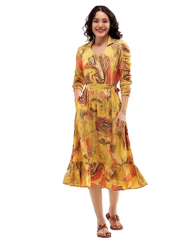 Image of AASK Abstract Printed Puff Sleeve Gathered Detailed Fit Flare Dress