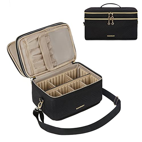 Large Makeup Bag,BAGSMART Cosmetic Cases,Double Layer Makeup Organizer,Protable Travel Makeup Train Case with Shoulder Strap for Cosmetics,Makeup Brushes,Toiletries,Travel Accessories (Medium, Black)