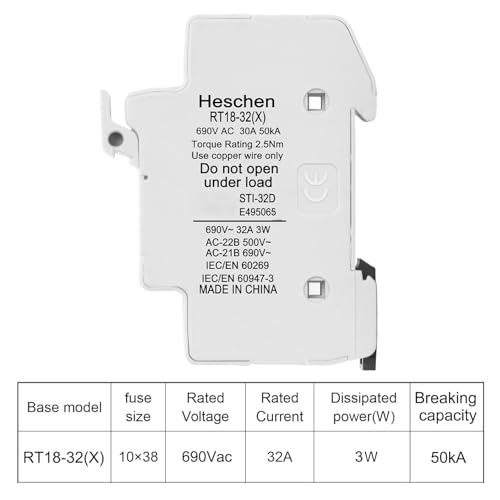 Miniatura 4 de Heschen Base De Portafusibles Cilíndrico Rt18-32 X 32a Ac690v 2p Din Montaje En Riel Para Rt18 Ro15 10 X 38 Mm Fusible Con Certificación Ce