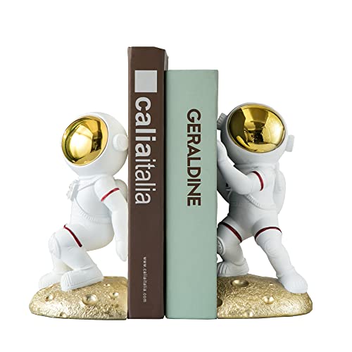 Image of Banllis Space Theme Bookends for Shelves, Astronaut Moon Book Ends for Kids Room, Decorative Planet Book Stoppers to Hold Books Heavy Duty, Unique Boys and Girls Gift (Gold)