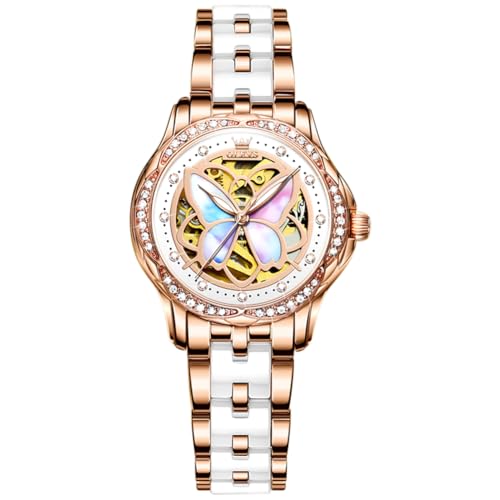 OLEVS Automatic Watches for Women Luxury Diamond Butterfly Flower Shape Hollow Rose Gold Mechanical Elegant Dress Women's Watches Two Tone Ceramic and Steel Strap Waterproof Luminous Gift Ladies Watch