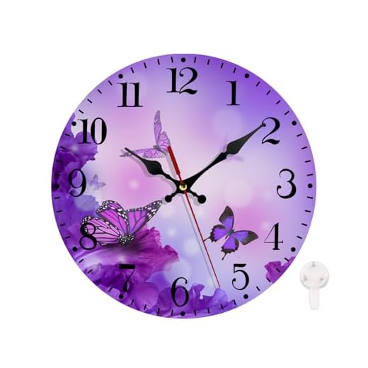 Ansouyi Round Wall Clock Battery Operated Clocks Wallclock 10 Inch,Purple Flower and Butterfly Silent Non Ticking Wall Clock for Living Room,Kitchen,Home,Bathroom,Bedroom,Office or School