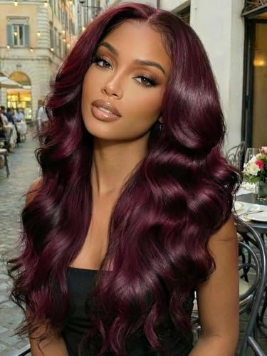 Image of Beauty Forever Bye Bye Knots Black Cherry Loose Body Wave Glueless Wigs Human Hair Pre Plucked Pre Cut 7x5 Lace Front Drawstring Wig with Face Framing Layers Put on and Go Wig 180% Density 18inch