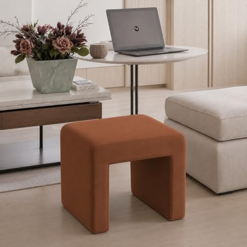 Image of Kundi Modern Boucle Vanity Stool Chair with Wooden Legs - Soft Ottoman Footstool for Makeup Room, Living Room, Entryway & Office (White) (Brown)