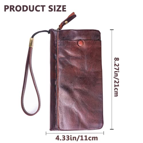 Cowhide men's handmade wallet retro multifunctional long wallet zipper coin key multi card slot card bag (Tea-brown)2