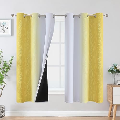 Estelar Textiler Yellow and Greyish White Blackout Curtains for Boys Bedroom, Thermal Insulated Ombre Blackout Drapes, Room Darkening Energy Saving Curtains for Living Room, 42Wx63L, 2 Panels
