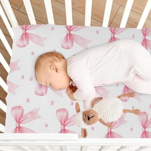 Image of Caikeny Fitted Crib Sheet for Boys Girls Coquette Polka Dots Pink Bow Baby Crib Sheets Bassinet Sheets Crib Mattress Bed Sheets for Toddler Newborn Infant 52 X 28 in