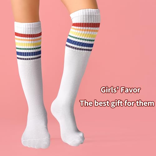 Girls Socks, 2 Pairs Girls Knee High Socks Rainbow Colorful Striped Thigh Highs Socks for Girls Kids Aged 1-164