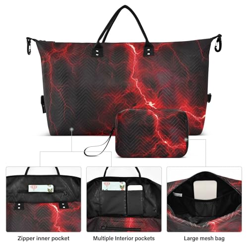 Travel Duffel Bag Large Weekender Overnight Bags for Women Men, Red Lightning on Black Gym Bag with Toiletry Bag2