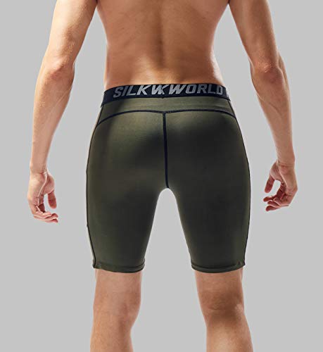 SILKWORLD Men\'s Compression Shorts Pockets Sports Running Tight,Dark Olive Green,XL