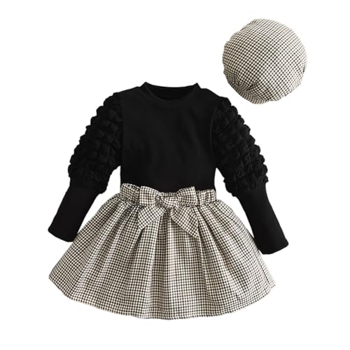 HEOXIN Bebé Niñas a Cuadros Mini Vestido, Falda a Cuadros + Tops + Sombrero de Tartán 3PCS Set, Princesa Vestido con Bowknot Lindo, Manga Abullonad Tops y Sombrero para Niños 2-3, Negro